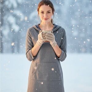 Cozy Mountain Hardware Gray/Blue Hooded Dress with Front Pocket.